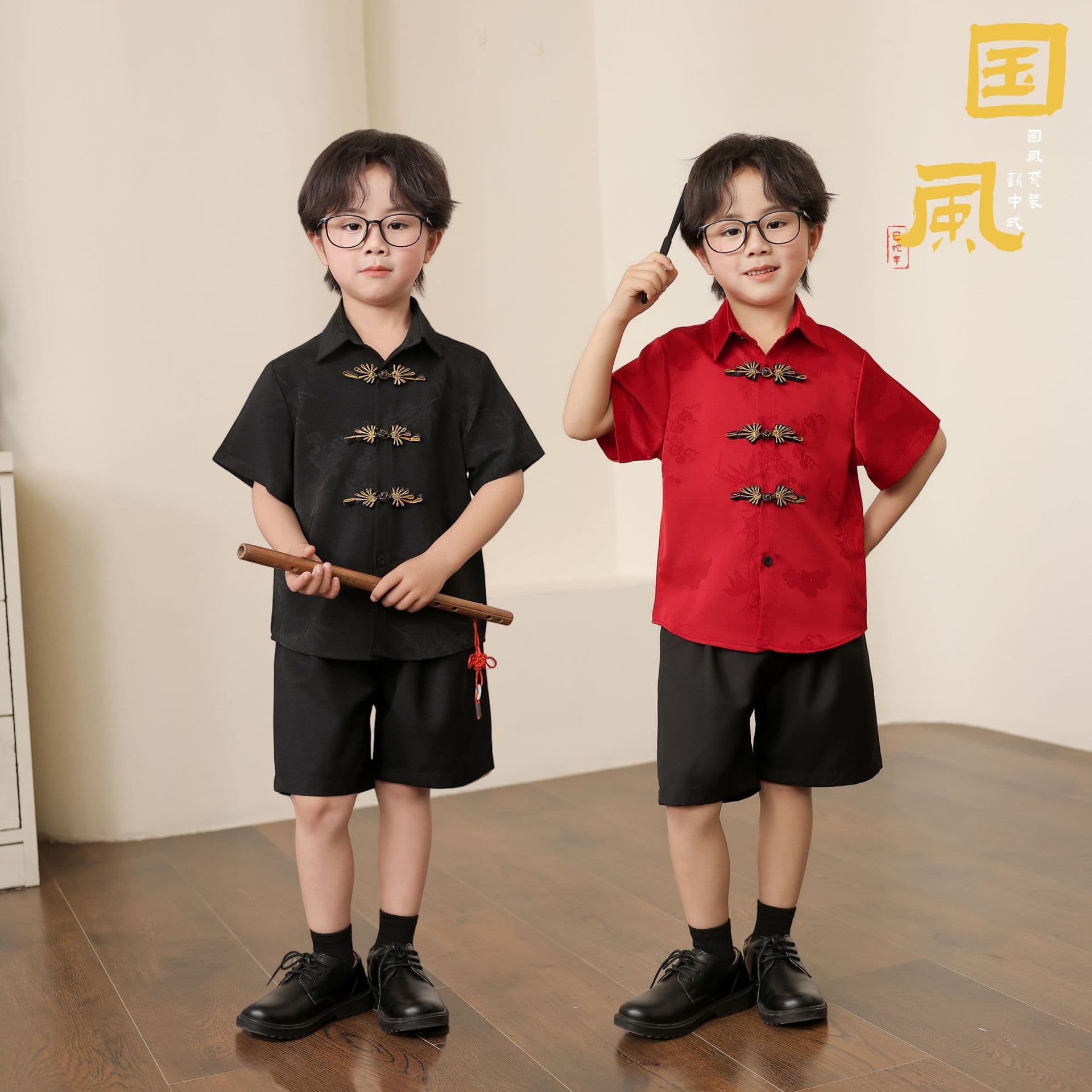 New summer Chinese style lapel boys' suit with Chinese-style buttons, jacquard pattern, fashionable children's clothing, retro children's Tang suit