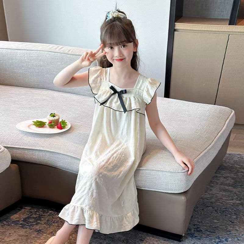 Girls' Short-Sleeve Nightgown, Thin Cloud Cotton, Air Conditioning Dress for Kids, Children's Homewear