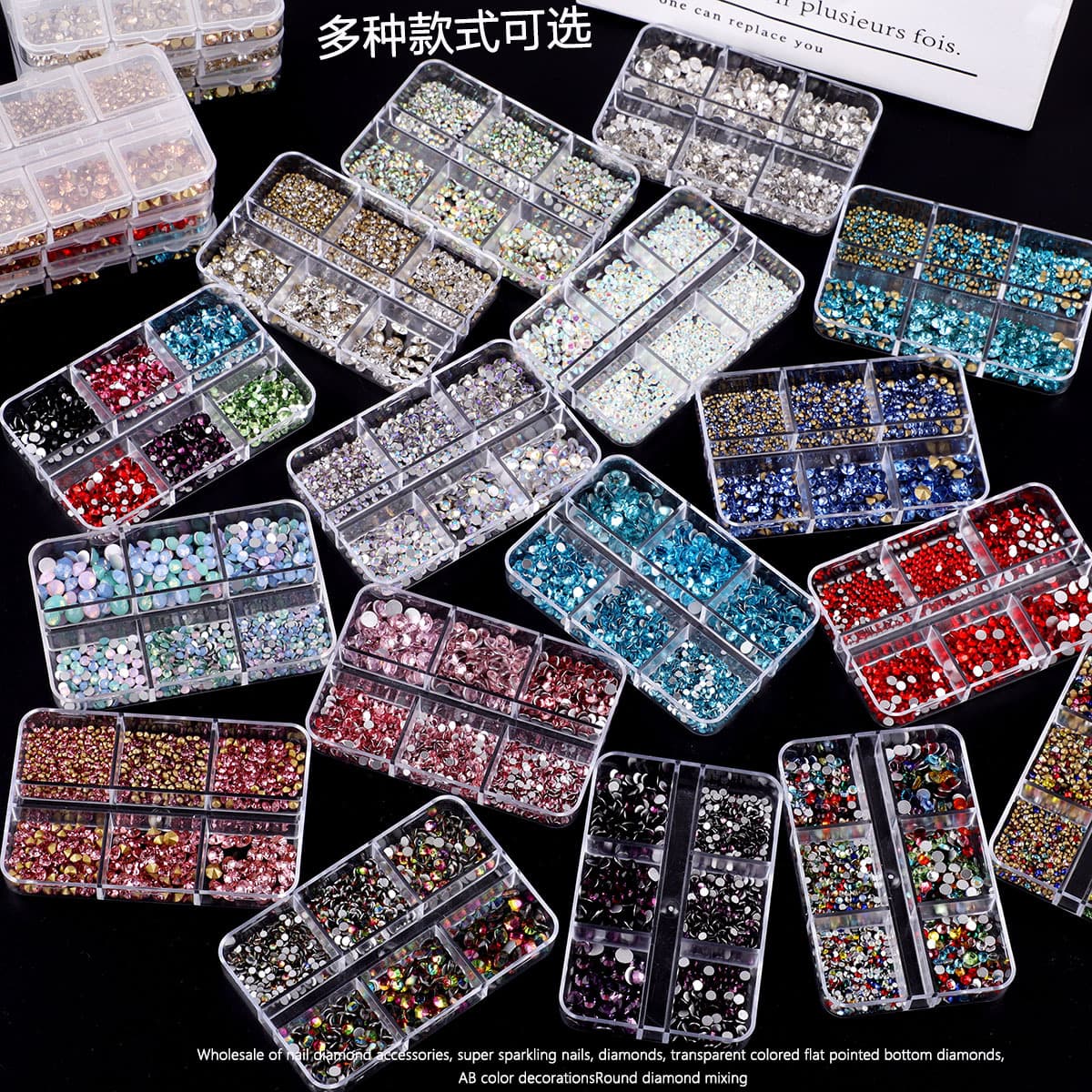 Cross-border hot selling manicure small round diamonds 6 boxes boxed white pink pointed bottom diamonds glass rhinestones nail jewelry wholesale