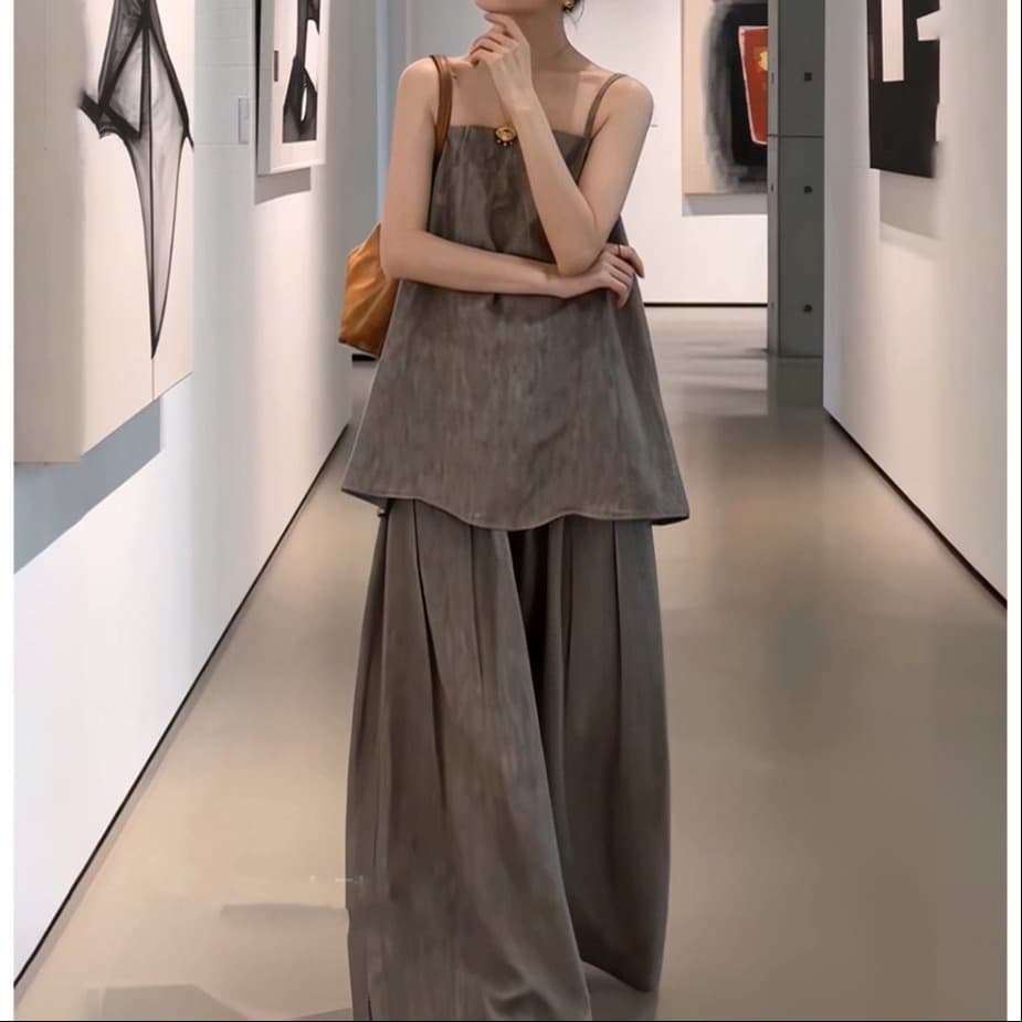 Vintage Relaxed Gray Camisole Vest Wide-Leg Pants Two-Piece Set Women Summer Lazy Style Loose Slimming Versatile