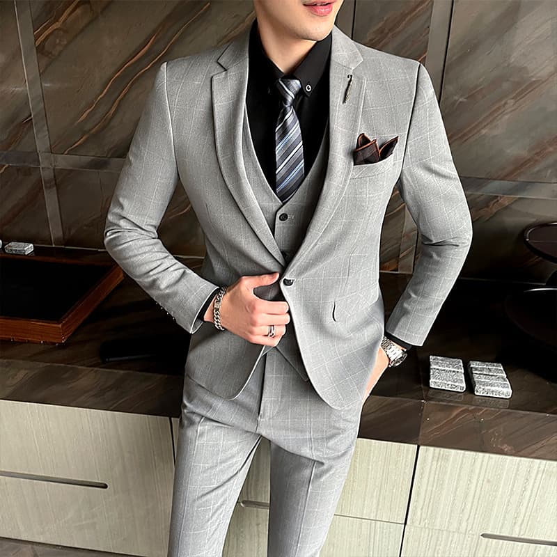 Men's 3-Piece Suit Set Business Formal Workwear Korean Style Casual Best Man Suit Wrinkle-Free Business Suit Set