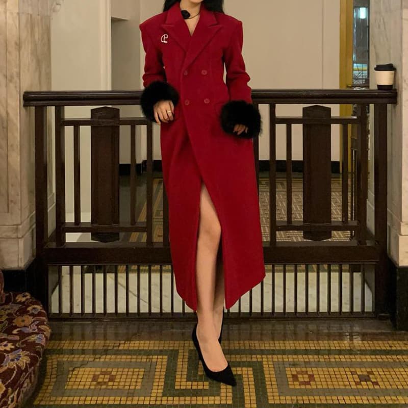 New Year Battle Robe Premium Long Wool Coat for Women Autumn Winter Waist-Tuck Thick Warm Woolen Suit Jacket Trendy