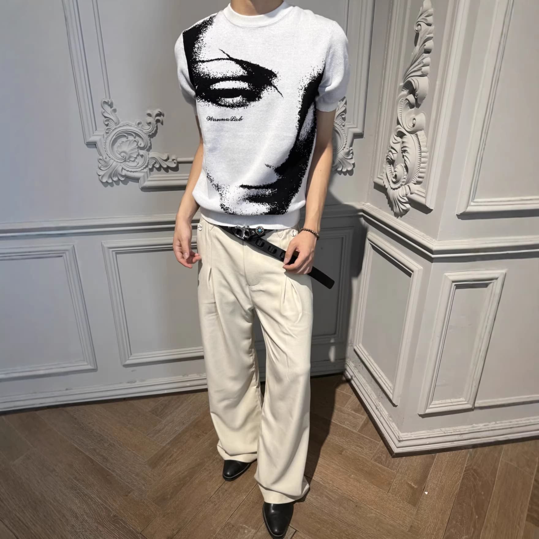 American Teresa Sword Face Jacquard Right Shoulder Short Sleeve Sweater Men's Spring and Summer Short Versatile Skin-Friendly T-Shirt