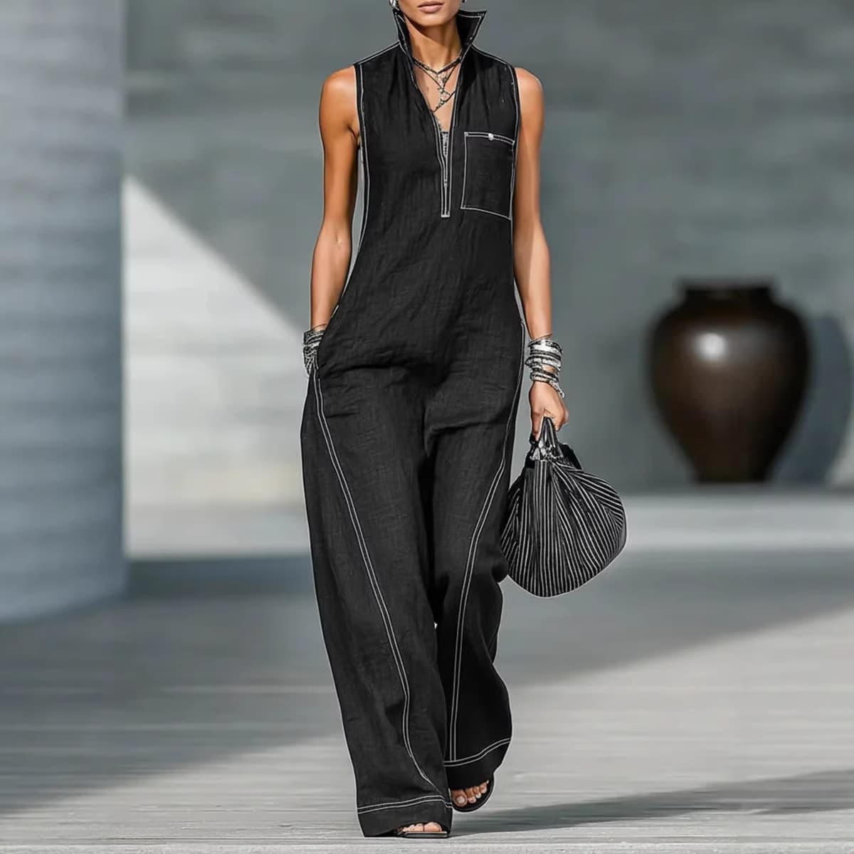 2026 New Cross-border EU US Amazon Independent Station Women's Stand Collar Sleeveless Casual Loose Cotton Linen Jumpsuit