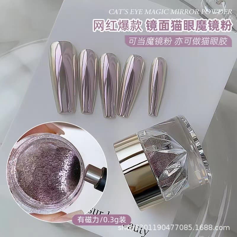 Trendy Mirror Purple Silver Cat Eye Moonlight Magic Mirror Powder with Magnetic Mirror Rub Powder Nail Gel for Nail Salons