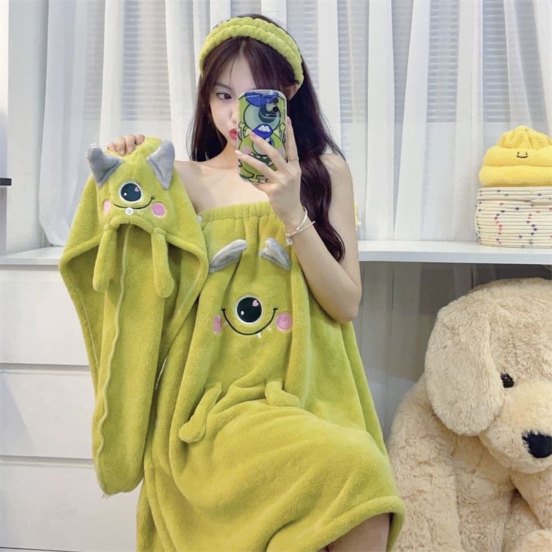 Soft Absorbent Coral Fleece Cartoon Style Bath Robe Dry Hair Cap Bath Towel Wrap Comfortable to Wear Snuggly Designed Towel