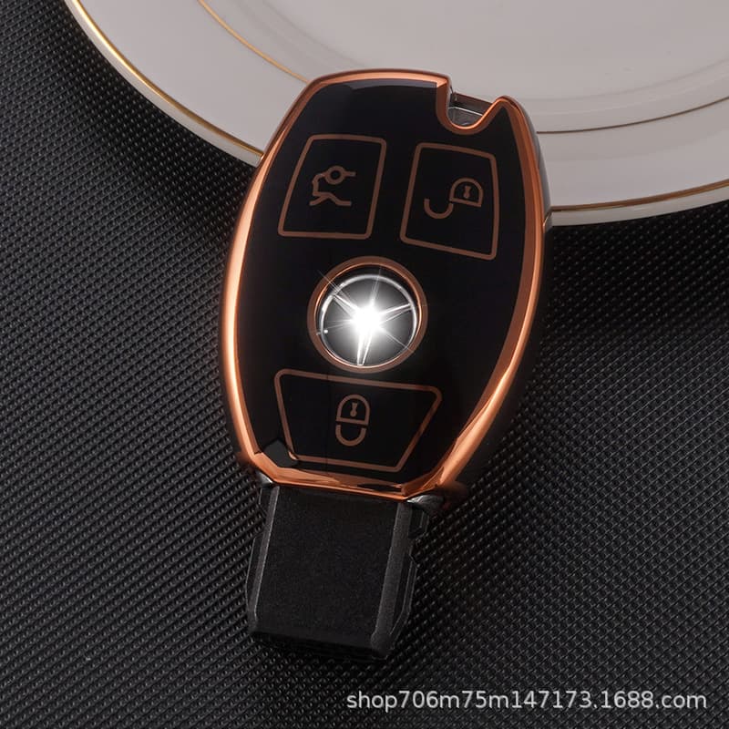 Full Coverage TPU Gold Edge Key Shell for Mercedes-Benz 3-Key Protective Cover A11J3 Simple Style Car Accessories