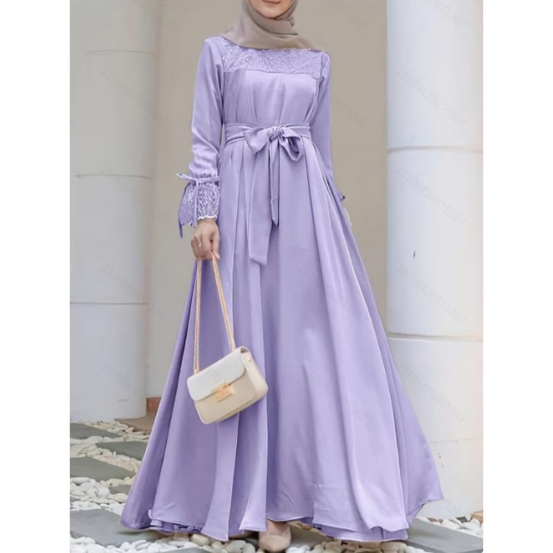 Classic Solid Color Loose Fit Lace Patchwork Abaya Women Dresses Ethnic Style