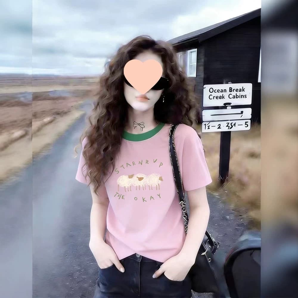 Spring and Summer Korean Style Sweet Color-Block Short-Sleeve T-Shirt in Pink, Loose and Fashionable, Versatile for Commuting, Loose Top for Women