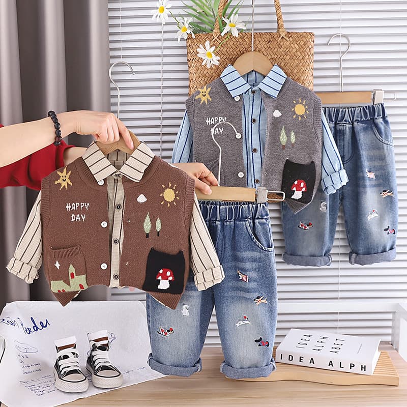 Boys' 2026 New Spring/Autumn Fashionable Kids' Cardigan Vest Three-Piece Set