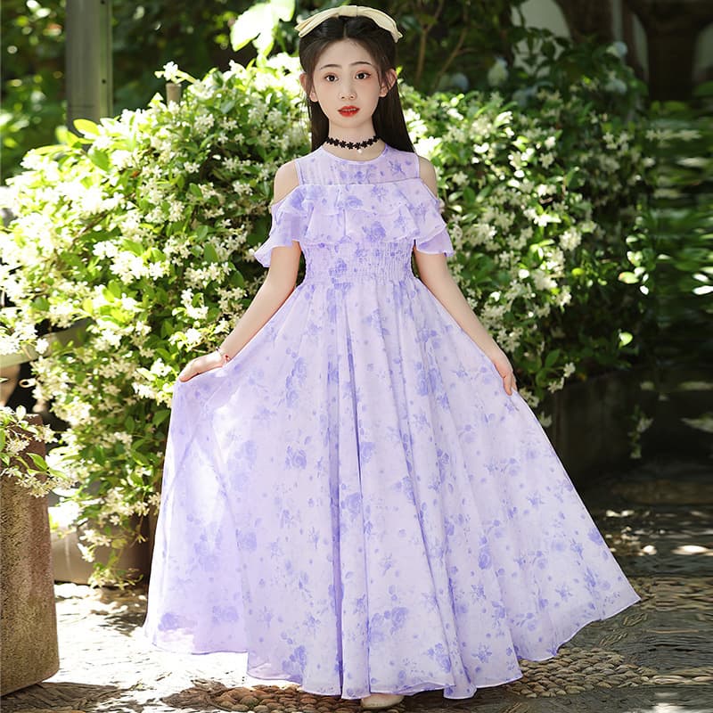 Girls Beach Dress 2026 New Summer Chiffon Floral Fashion Thin Medium and Large Kids Long Dress Princess Style