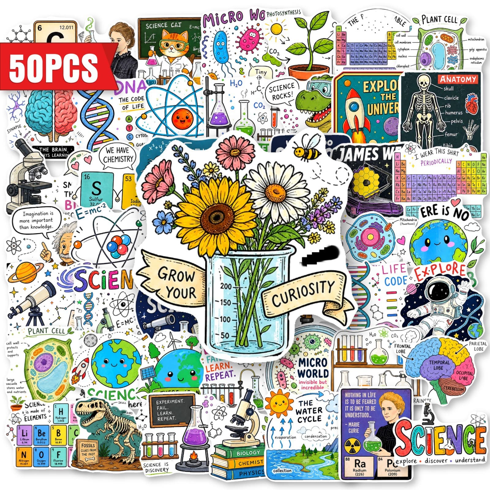 Cross-border 50 interesting science and education science element stickers, chemical experiments, popular science knowledge, creative student notebook stickers