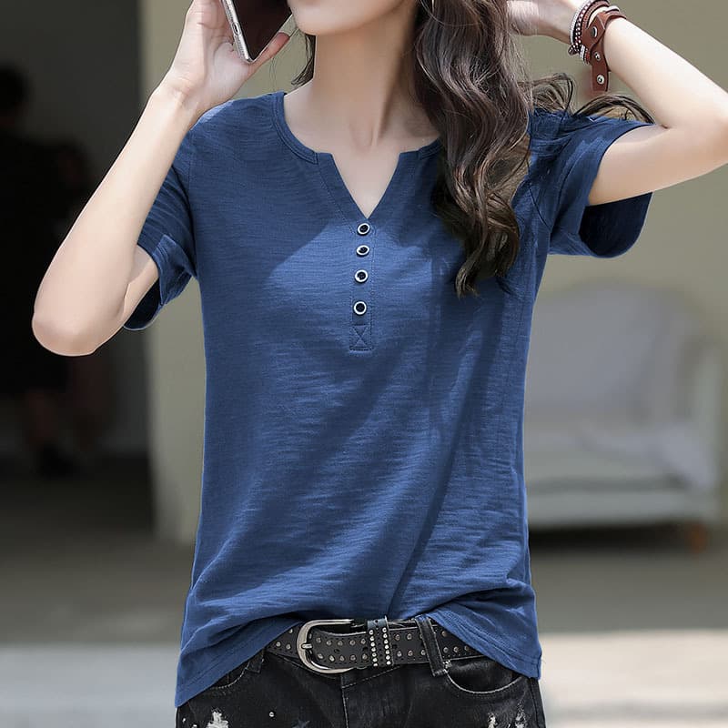 Slub Cotton Summer New Pure Cotton Short Sleeve T-Shirt Loose Plus Size V-Neck Women's Half Sleeve Top Undershirt
