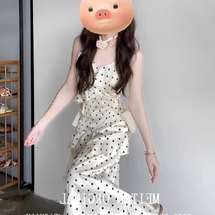 Summer French Tea Dress Elegant Polka Dot Halter Dress Fairy Ruffled Gentle Style Vacation Long Dress