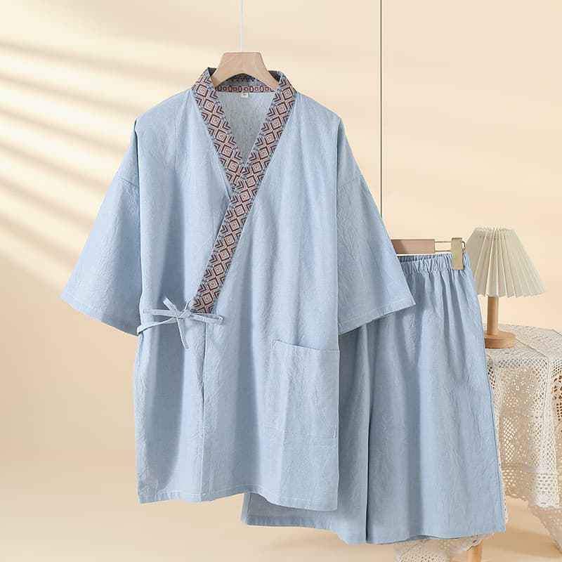 200 jin large size cotton Japanese style spring summer thin men's kimono short sleeve shorts pajamas home sweat steam suit set.