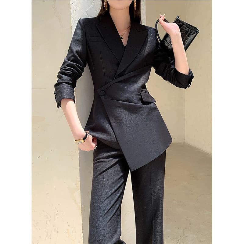 High-end plus-size suit set for plus-size women, irregular professional top and wide-leg trousers, two-piece set, 25115