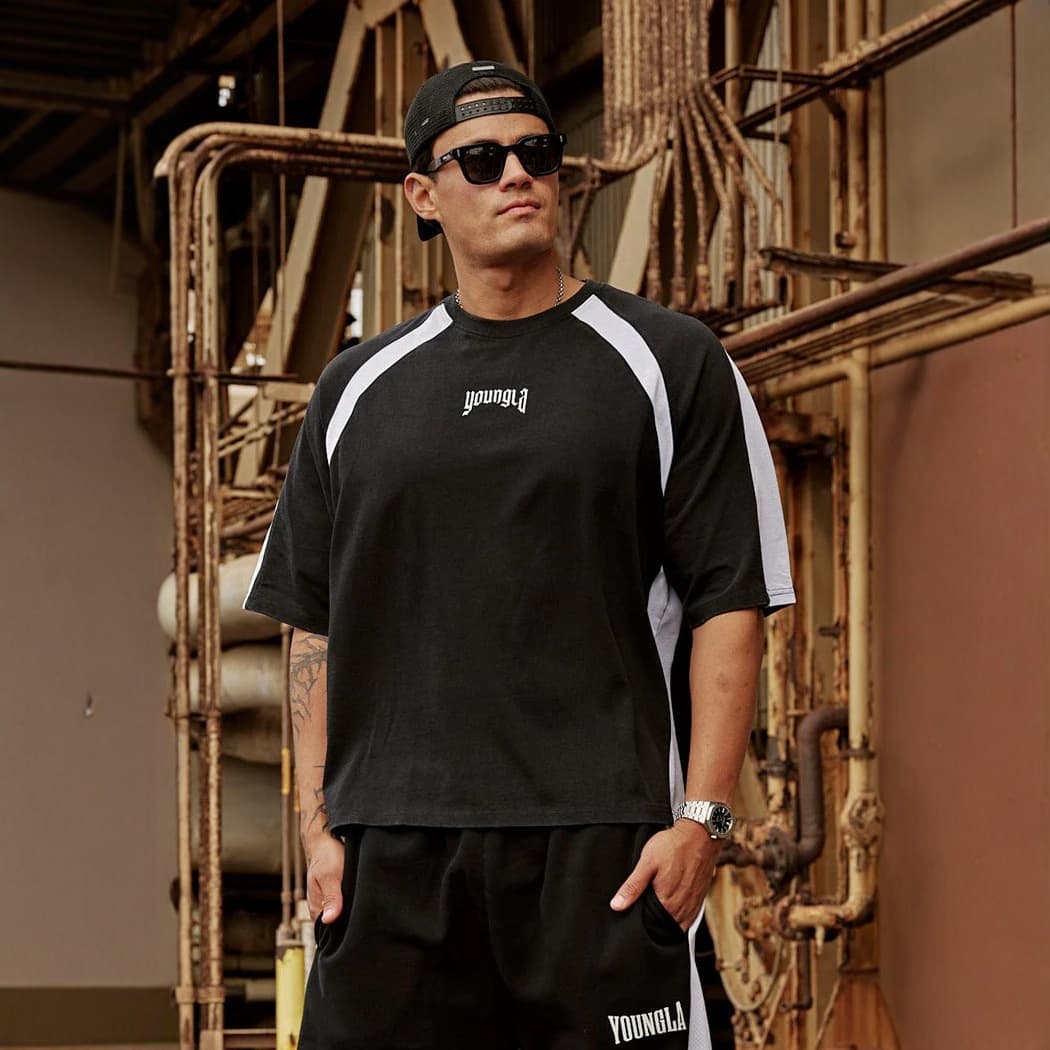 YOUNGLA American Style New Men's Oversized T-Shirt Jogging Gym Fitness Camo Patchwork Print Short Sleeve