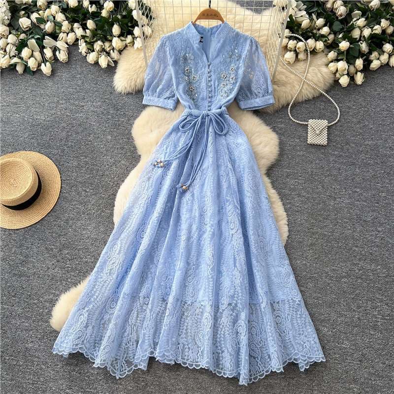 Korean style white short-sleeved lace embroidered dress for women 2026 summer high-waisted A-line skirt commuting elegant temperament long skirt