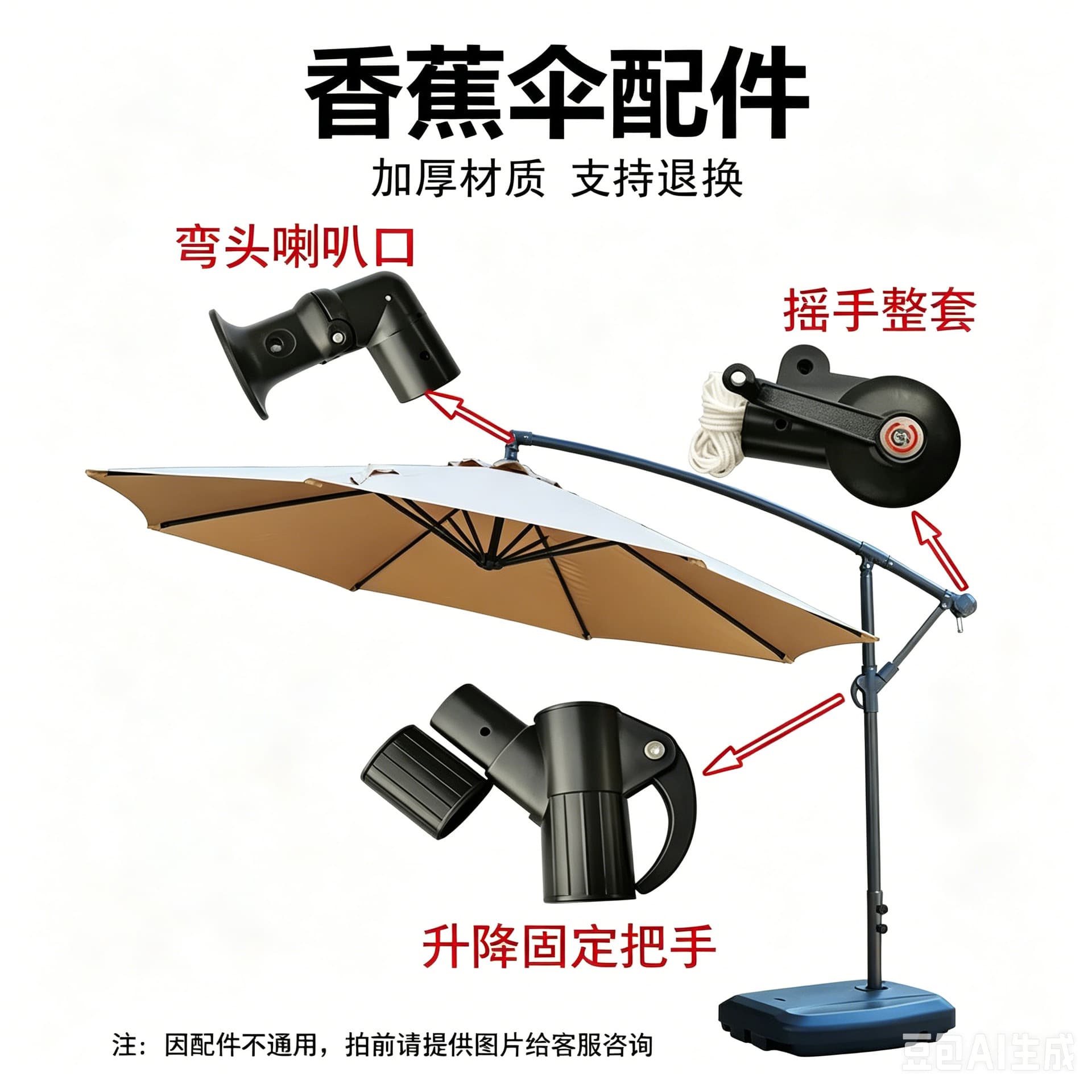 Parasol accessories, Roman umbrella armrest, hand crank, umbrella rope, banana umbrella, center column umbrella, replacement umbrella cloth, repair parts