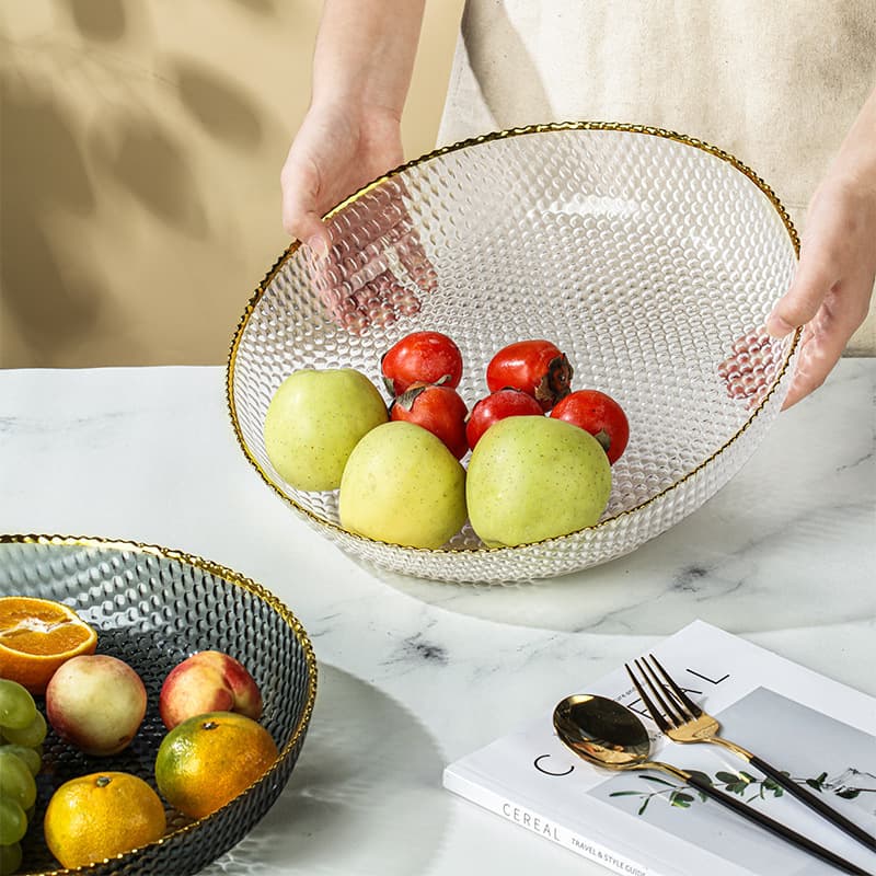 Gold Rimmed Glass Fruit Tray for Home Living Room Coffee Table, Simple Luxury Style, New Year Wedding Snack Plate, Dried Fruit Tray