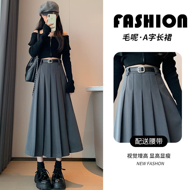 Women's Winter Thickened High-Waist Slimming Wool Pleated Skirt with Belt, Plus Size Versatile Retro Midi Skirt