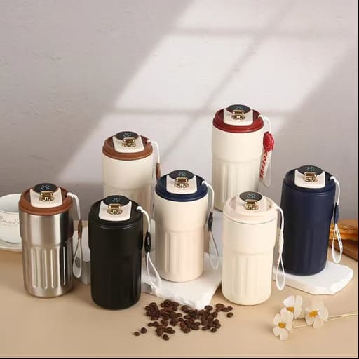 New 316 Stainless Steel Insulated Mug with Carry Strap, Smart Temperature Display, Striped Coffee Cup, High-End Design, Outdoor Portable Tumbler