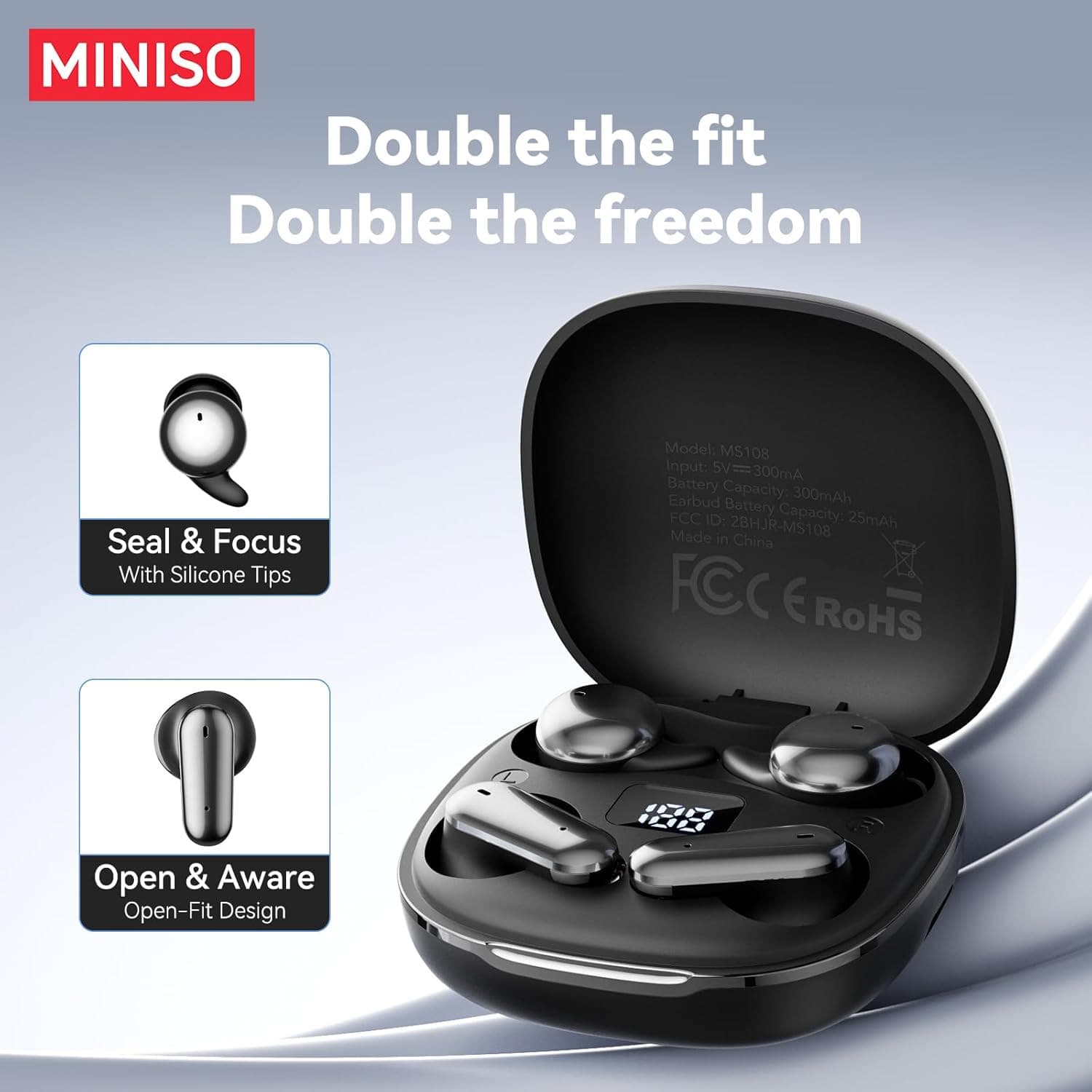 Miniso MS108 Couple Bluetooth Earbuds OWS Wireless Bluetooth Silicone In-Ear HD Call Headphones Cross-Border