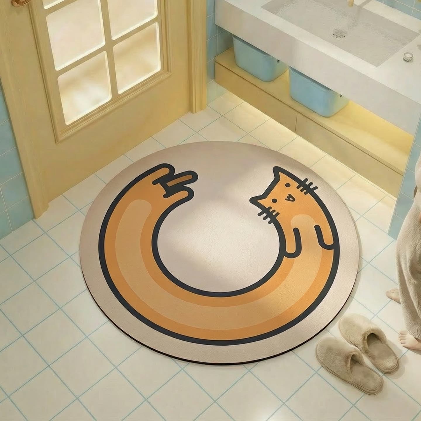 Round Bathroom Mat Cartoon Style Home Non-Slip Entrance Mat Quick-Dry Absorbent Diatom Mud Mat