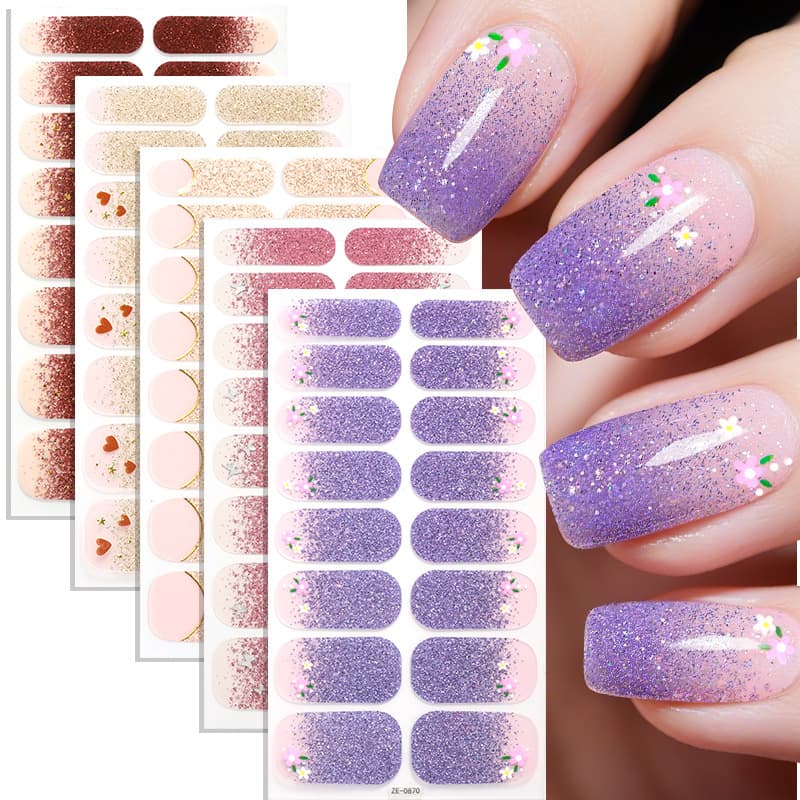 Zhengxiang New Gradient Onion Pink French Nail Oil Film Nail Art Stickers 3D Gold Foil 16 Nails Cross-border Temu Hot Selling Nail Stickers