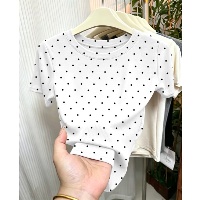 Super Nice Polka Dot Short Sleeve T-Shirt for Women 2026 Summer New Slim Fit Figure Flattering Versatile Top Dopamine Base Tee