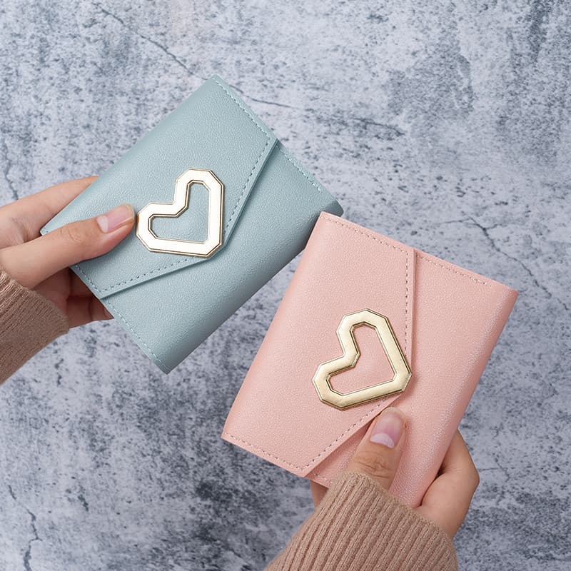 2026 Fashion Short Wallet for Women Korean Heart-Shaped Small Purse Simple Square Tri-Fold Wallet Lady Coin Purse