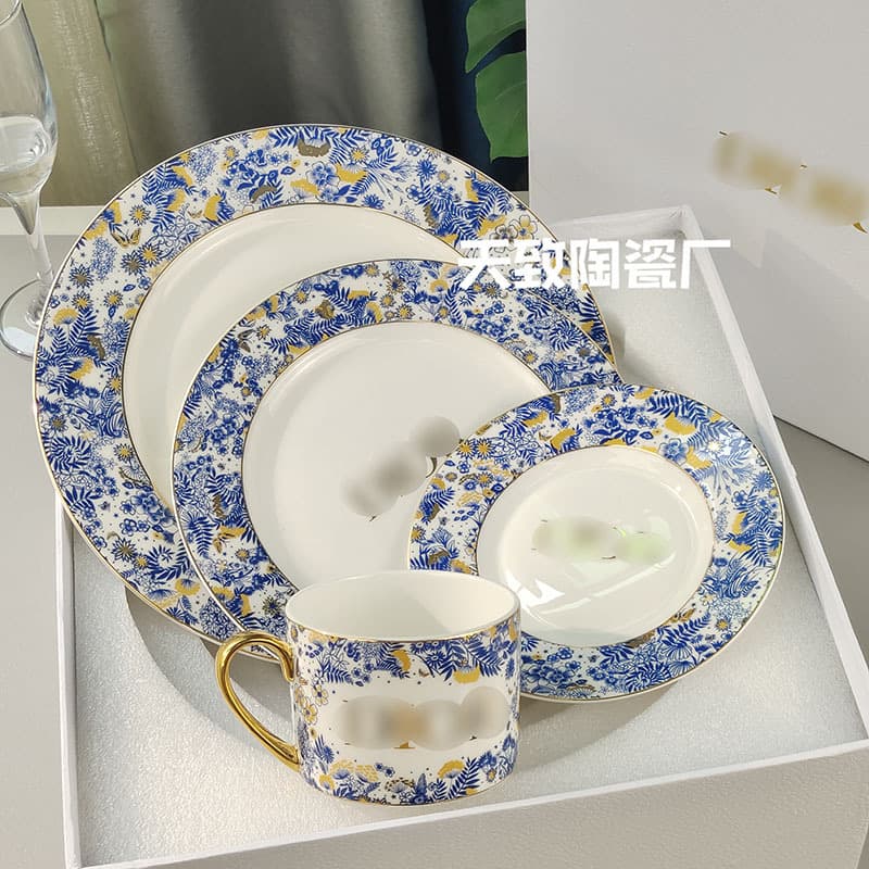 Cross-border Dijia Hydrangea Western Dinner Plate Cup Saucer Retro Light Luxury Bone China Coffee Cup Home Bowl Spoon Double-layer Dessert Skewer Plate