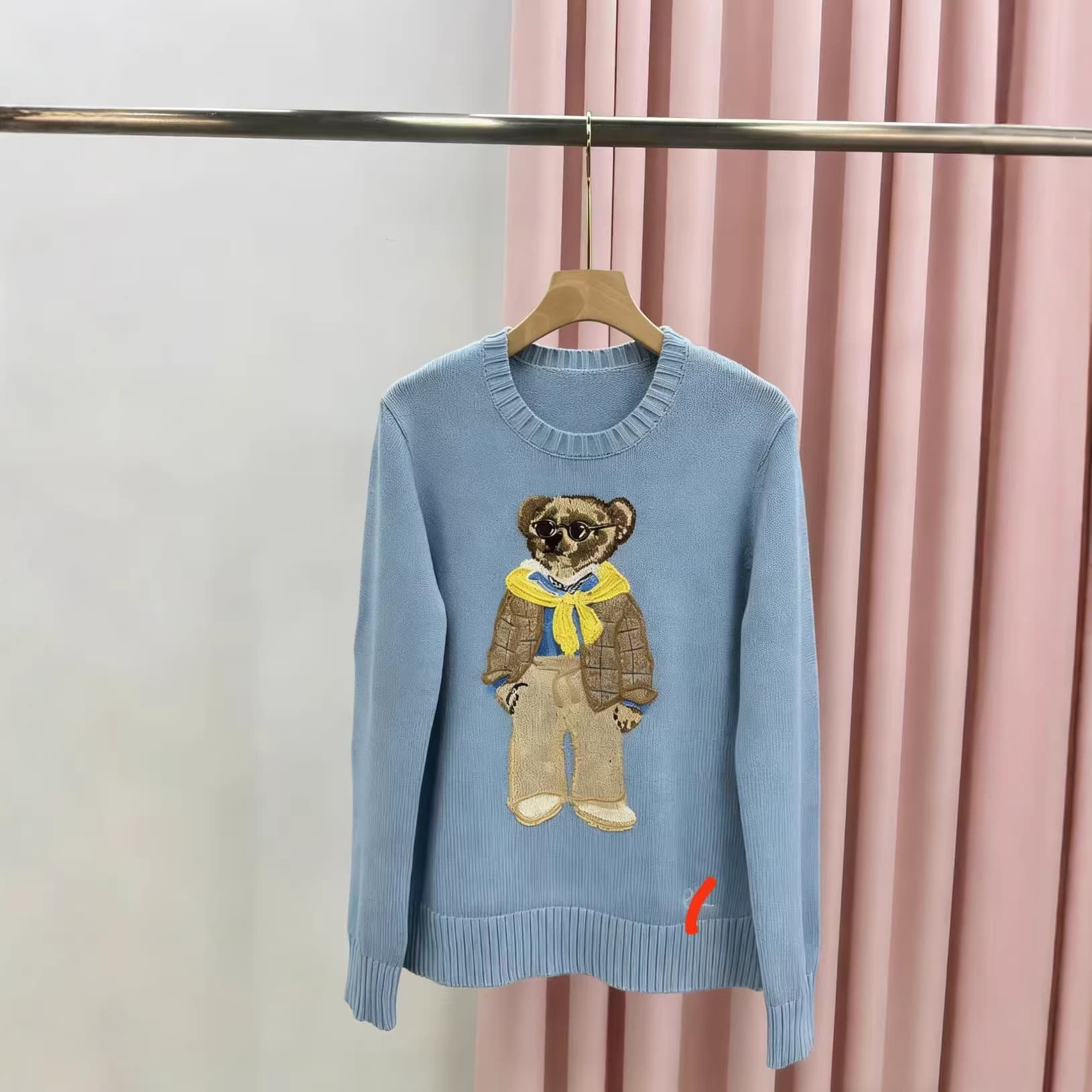 Cross-border High Quality Little Horse Label Scannable R-L Pure Cotton Heavy Craft Cartoon Trendy Bear Autumn Winter Sweater Women