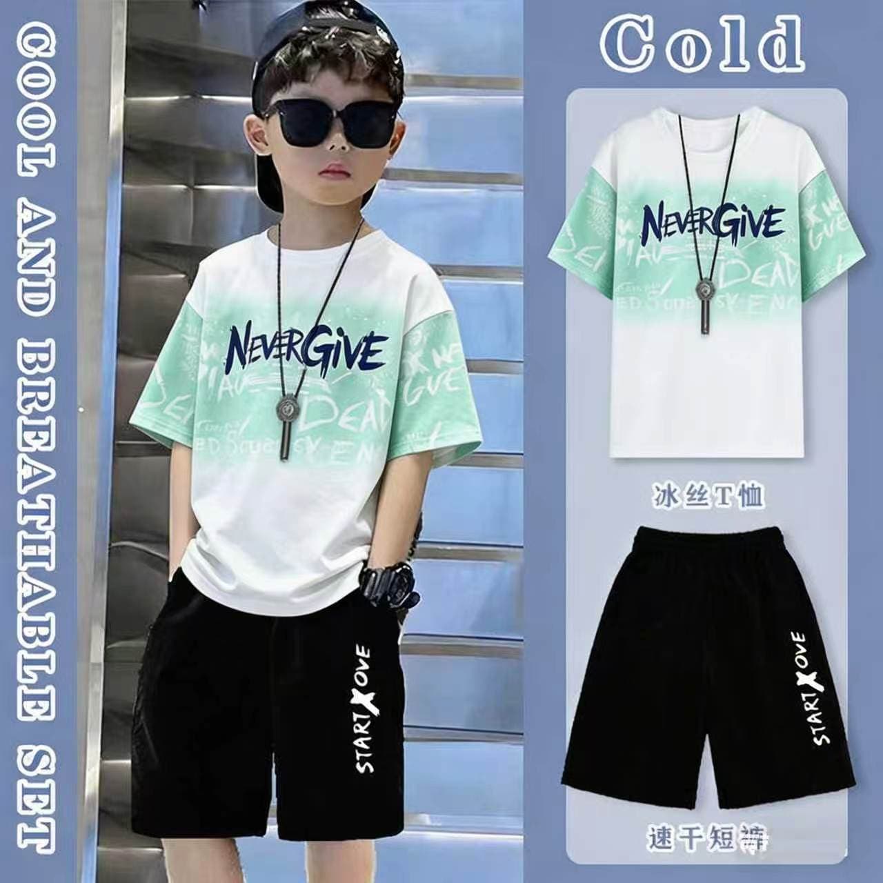 In Stock Wholesale Boys' Set Short Sleeve T-Shirt Shorts Set Boys Summer Ice Silk Stretch T-Shirt Shorts Set Kids