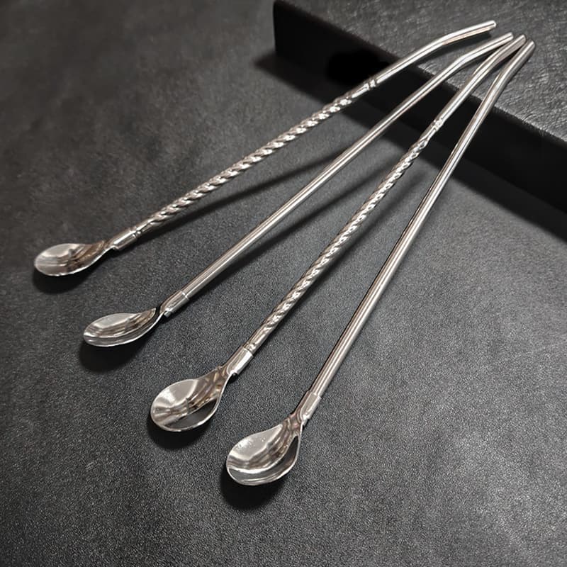 304 stainless steel straw spoon, creative coffee long handle stirring straw spoon, one-in-one dual-purpose beverage milk tea stirring spoon