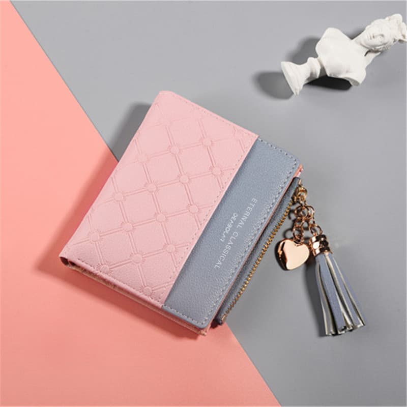 Korean Style New Women's Short Wallet, Color Block Contrast Short Leather Wallet with Tassel Zipper, Multi-Card Slot Coin Purse, In Stock