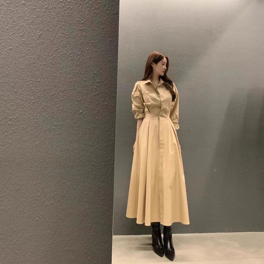 Korea Dongdaemun 2025 new autumn style French lapel long-sleeved dress women's waist slimming shirt long skirt