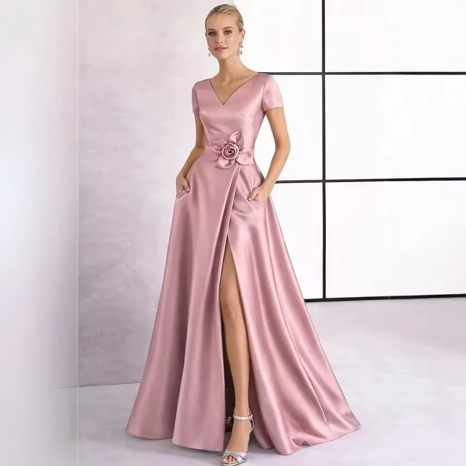 AliExpress Evening Dress 2026 New Amazon V-Neck Short Sleeve Satin Split Long Formal Banquet Gown