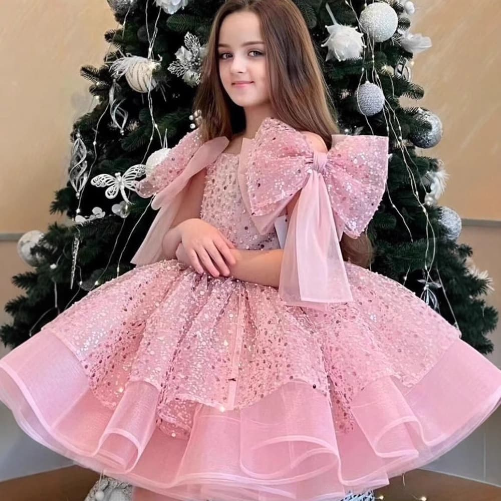 Girl Party Dress Girl's Formal Birthday Party Big Bow Tulle Skirt Sweet Sequins Princess Dress