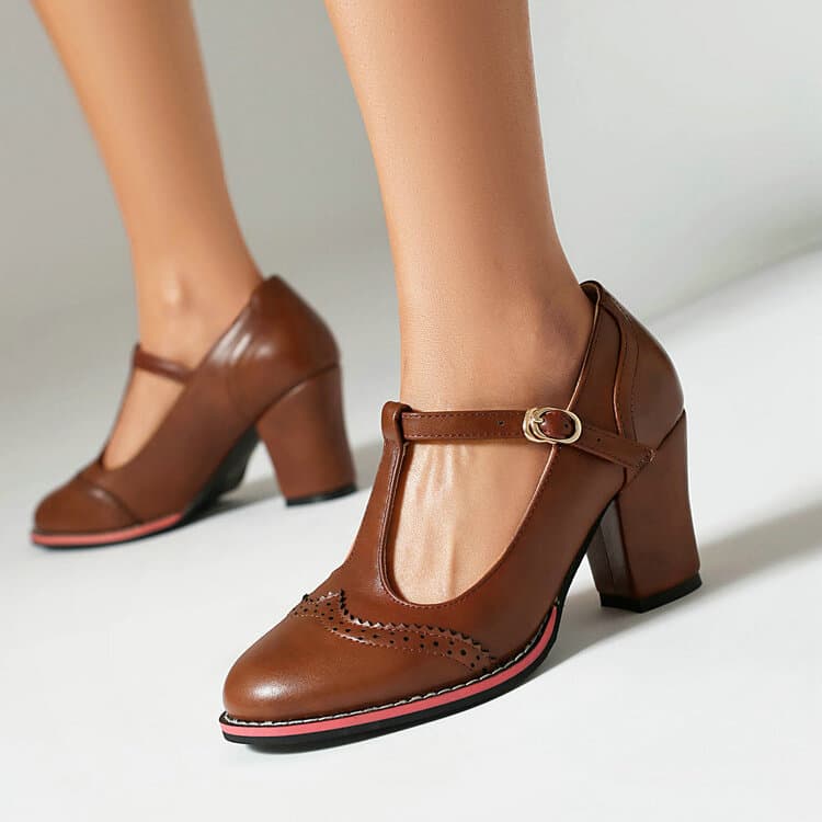 Spring/Autumn British Style Women's Flats, Round Toe, Chunky Heel, High Heel, Vintage T-Bar Brogue, Burnout Flower, Women's High Heel Flats