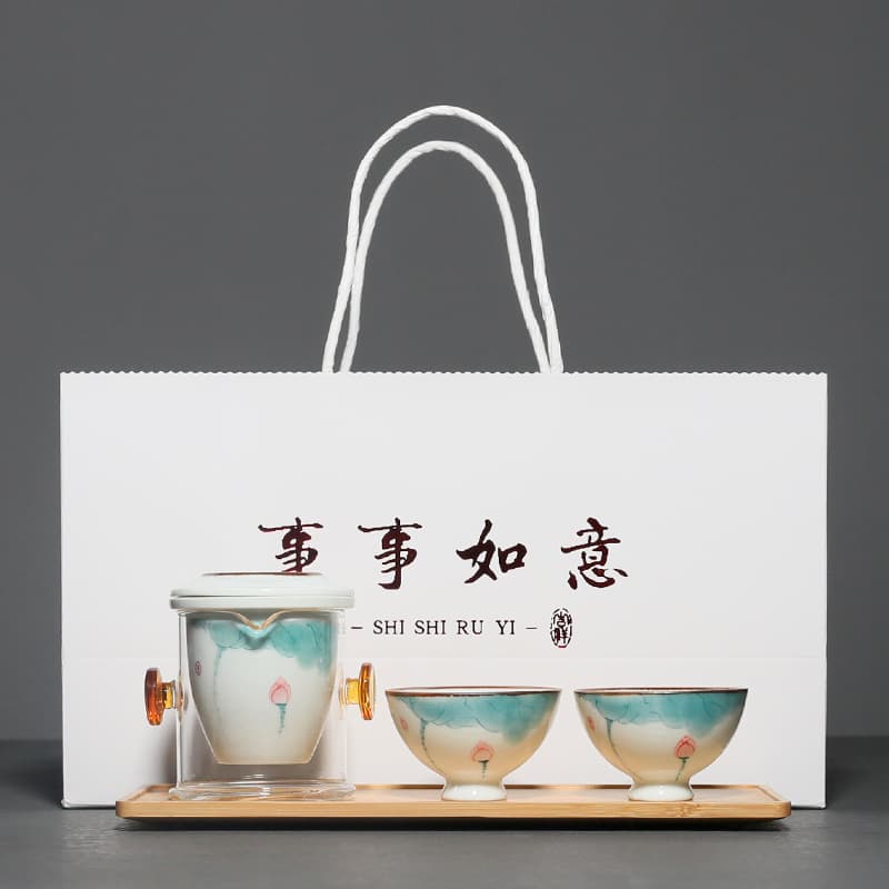Hand-Painted Lotus One Pot Two Cups Black Tea Brewing Set Portable Ceramic Teapot Infuser Office Gift