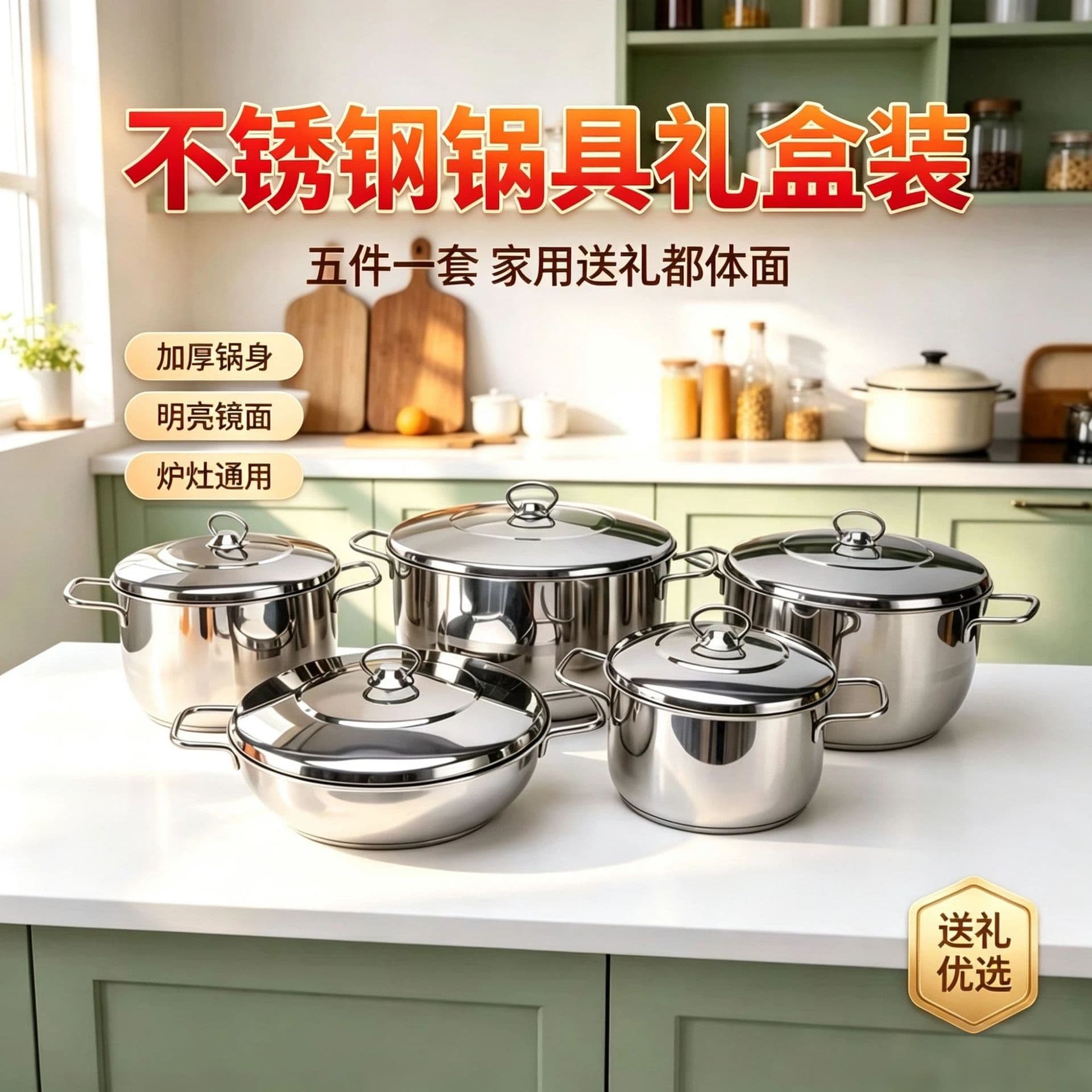 Stainless Steel Cookware Set 5-Piece, Thickened Double-Ear Stockpot & Milk Pot, Home Kitchen Cooking, Compatible with Gas and Induction