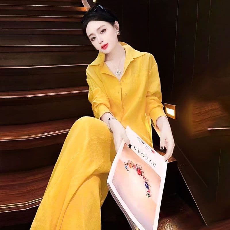 Women's Summer New Relaxed Fit Korean Style High-End Loose Casual Yellow Shirt and Wide-Leg Pants Two-Piece Set