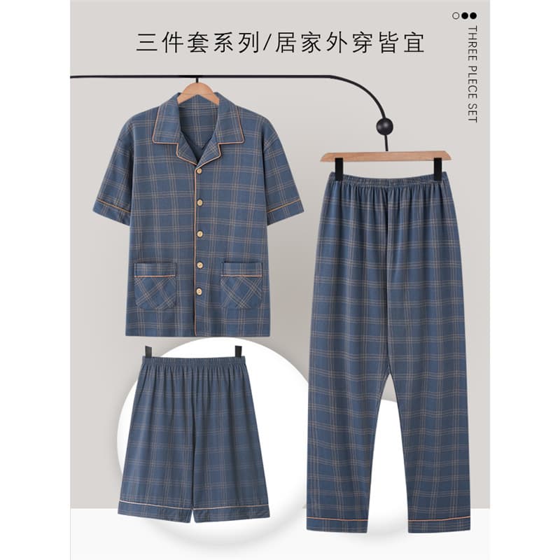Men's Pajamas Summer 100% Cotton Short-Sleeved Pants Men's Cotton Thin Spring & Fall Large Size Home Wear Three-Piece Set