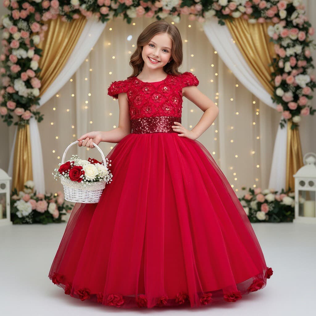 Girls Princess Dress Long Floral Gown Banquet Evening Dress Host Performance Stage Costume
