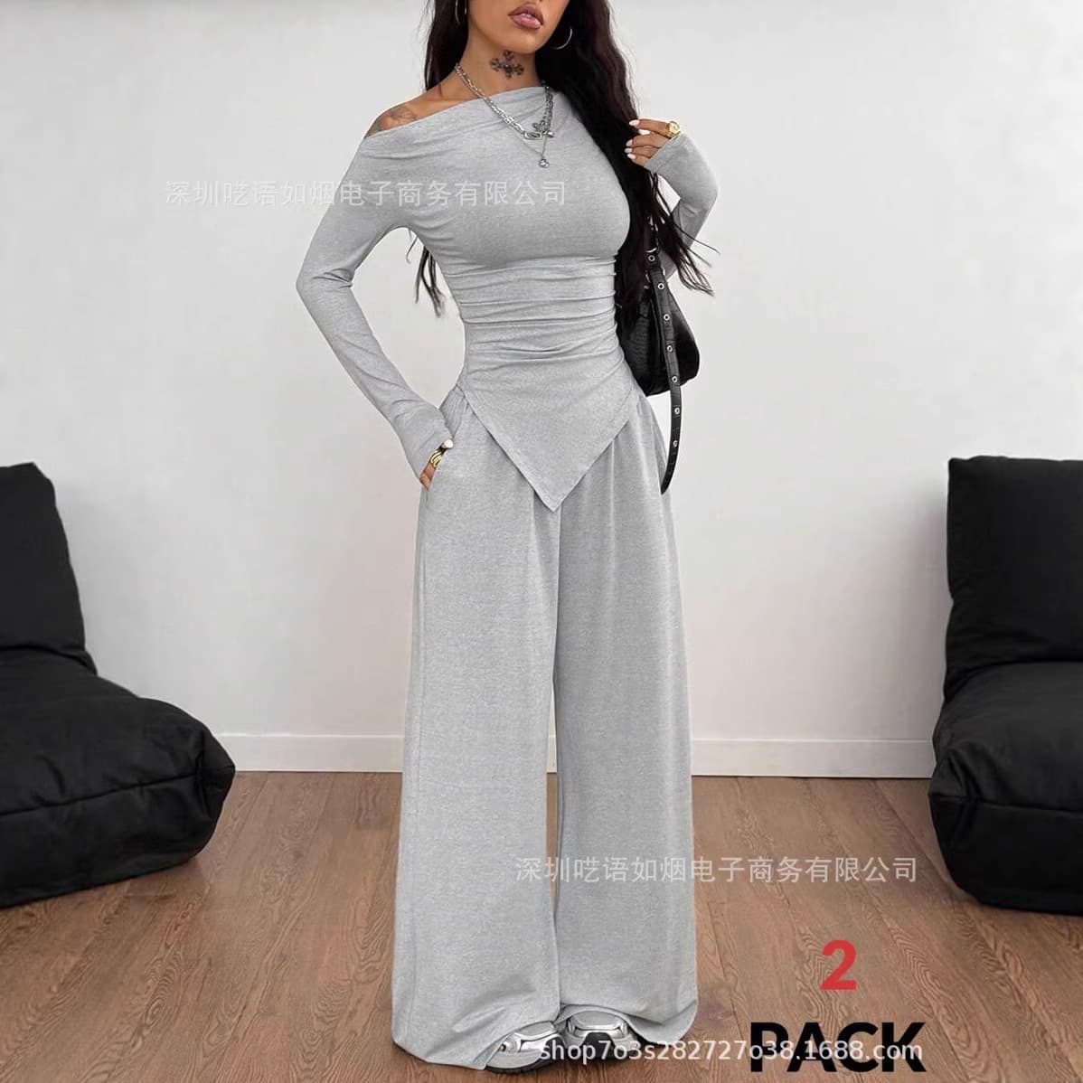 Amazon New Long Sleeve Off-Shoulder Fitted Irregular Waist Top Casual Versatile Wide Leg Pants Spring Autumn