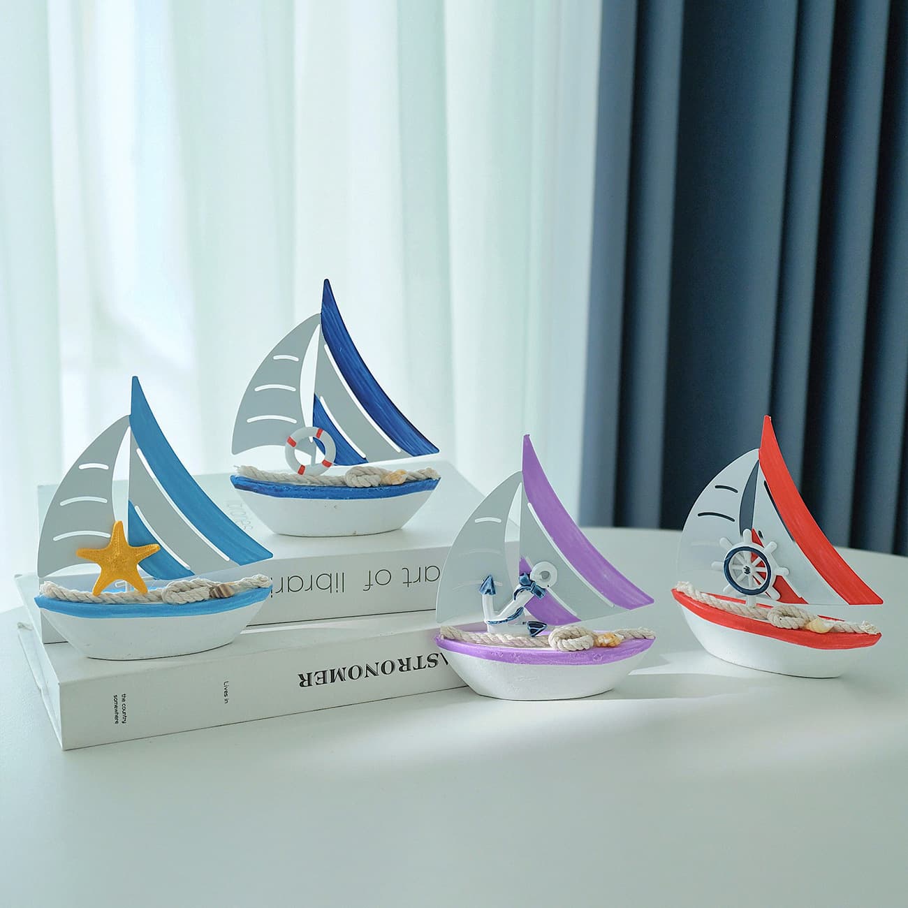 Blue Mediterranean Sailboat Ornament, Bedroom Study Desktop Festival Gift, Ocean Art Wooden Sailboat Decoration
