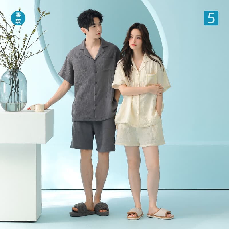 Soft and Breathable Double-Layer Gauze Cotton Couple Pajamas, Women's Summer Short-Sleeve, Men's Homewear Set