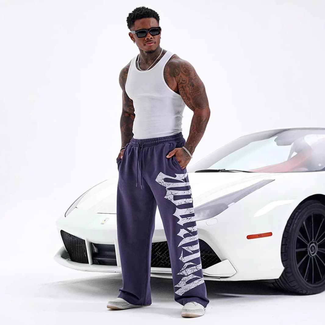 YOUNGLA American Streetwear Sports Pants Gym Bodybuilding Running Training Pants Plus Size Cotton Printed Wide Leg Long