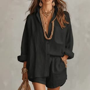 Amazon 2026 Spring/Summer New European and American Cross-Border Casual Shirt Set Fashion Solid Color Shorts Two-Piece Set for Women